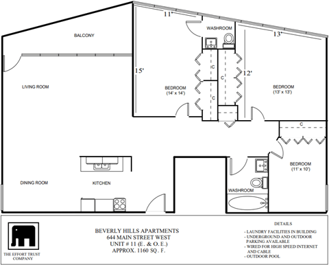 Floor plan for 3 beds, 1.5 baths, 1160 sqft